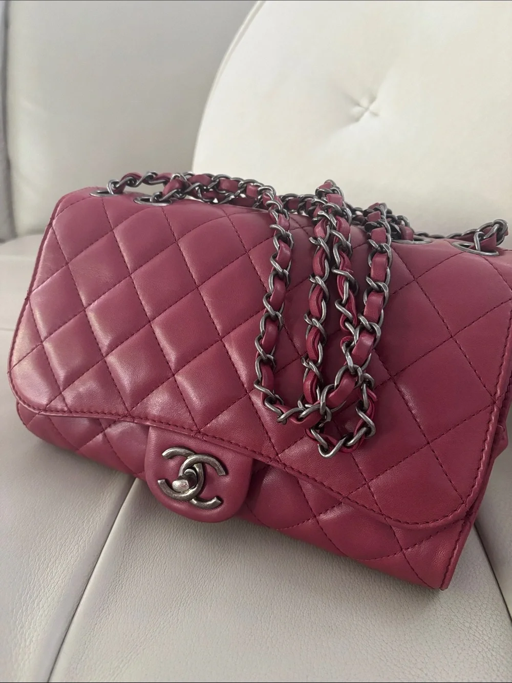 CHANEL Quilted Shoulder Bag in Burgundy Red with Silver Hardware